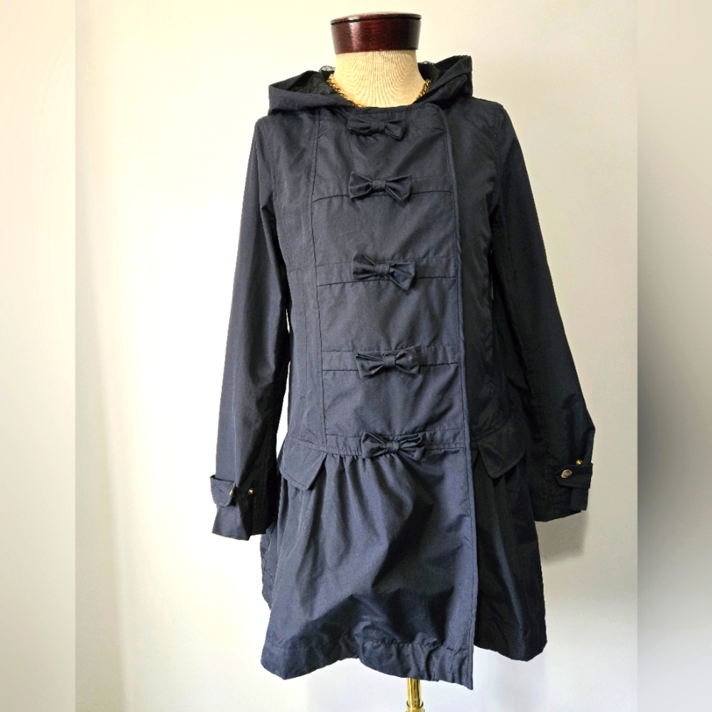RED VALENTINO  Midnight Navy Hooded Coat With Bows. Size Sm/M